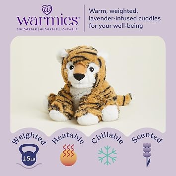 warmies Microwavable & Weighted Stuffed Animals, Tiger - Heated Stuffed Animal Plushie for Warmth & Comfort - Cute Soft Plush Toys for Adults & Children (Boys, Girls, Babies & Toddlers)