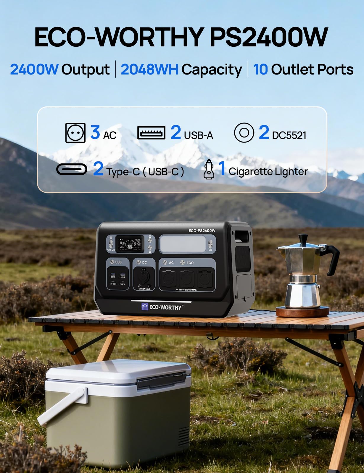 ECO-WORTHY PS2400W przenośna stacja elektryczna, 2048 Wh, przenośny generator elektryczny, 10 portów, 4800 W, moc szczytowa WiFi i Bluetooth, na kemping, zasilanie awaryjne w domu