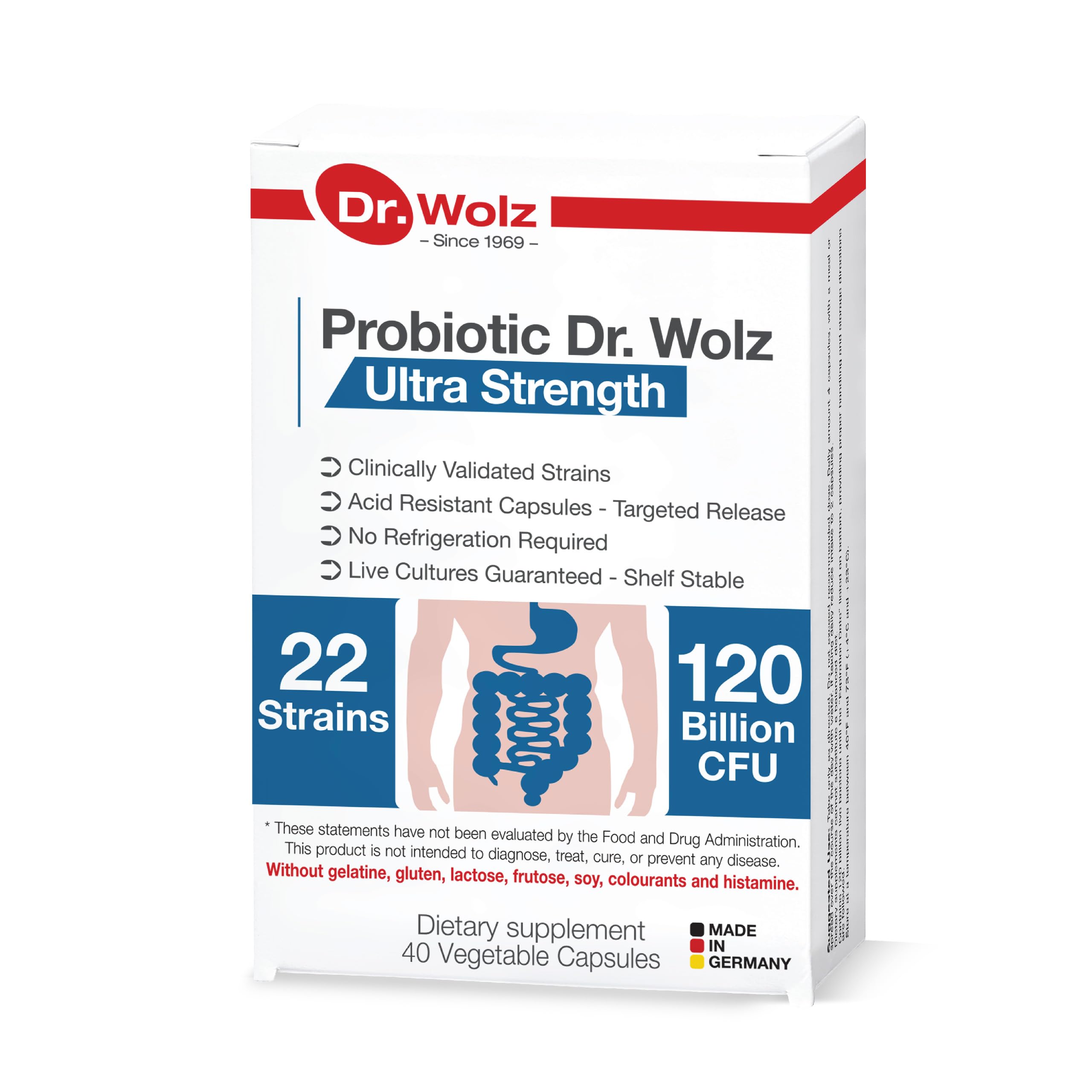 German Premium Daily Probiotics for Women and Men, 120 Billion CFU - 22 Strains, Vegan Probiotic Capsules for Gut, and Digestive Health Support Supplement, Target Release Pill Formula 40 Cout