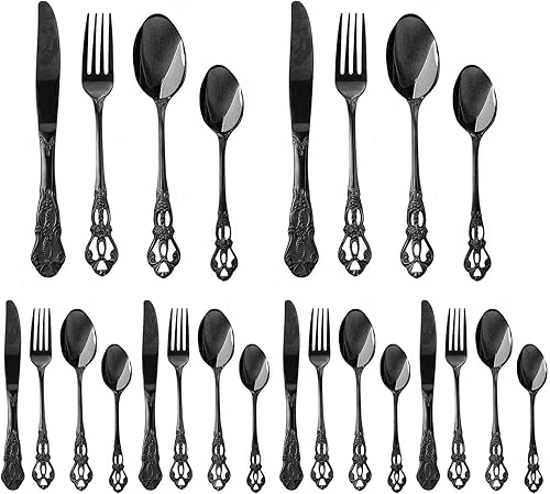 Dnalrhoi Juego de cubiertos negros vintage de 24 piezas de acero inoxidable 1810 para 6 cubiertos, tenedor, cuchara y cuchillo, espejo pulido (negro)