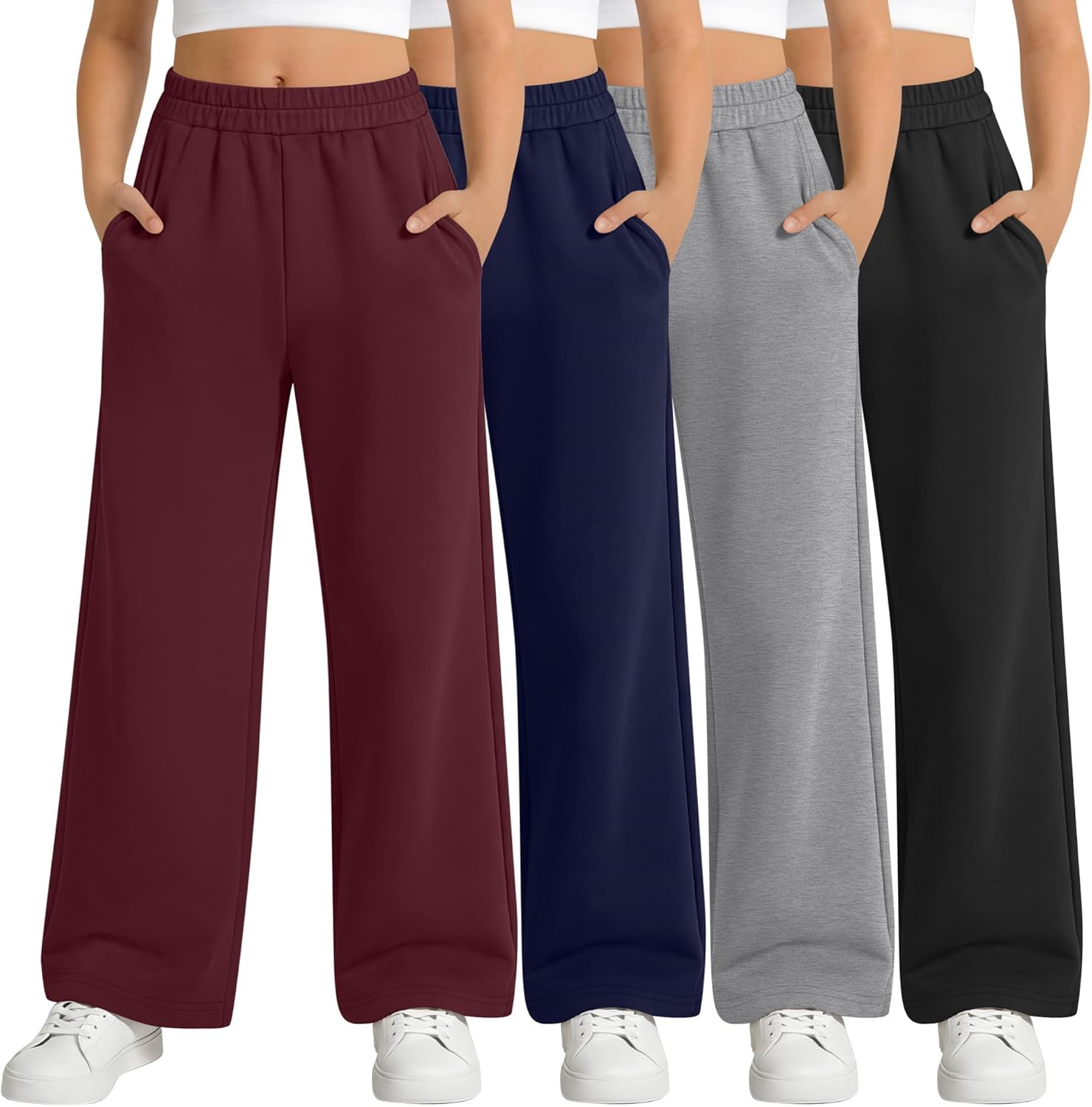 LessonZoo 4 Pack Girl's Sweatpants Straight Leg Drawstring Pants High Waisted Baggy Joggers Teen Girl Pants with Pockets
