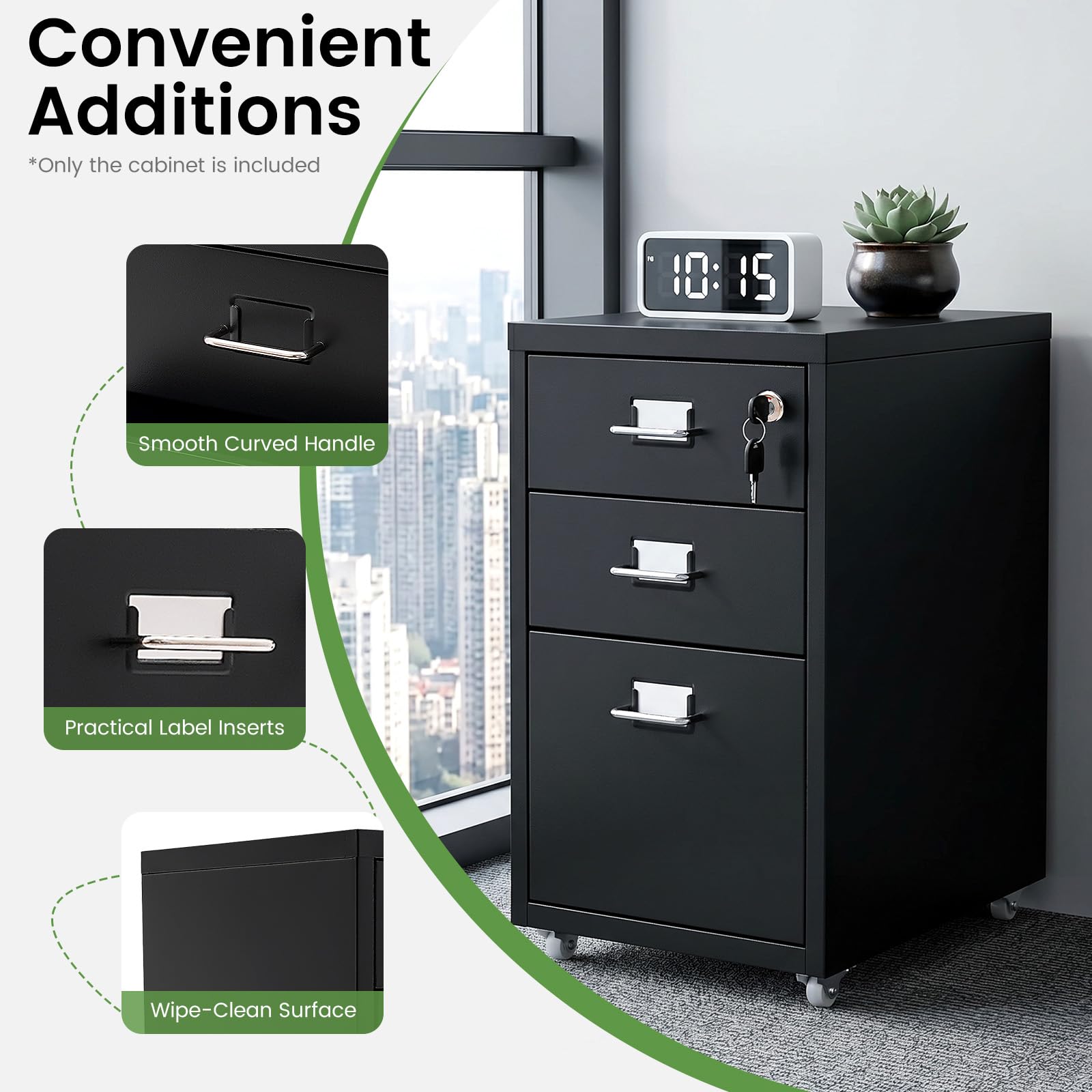 Cassettiera in metallo con 3 cassetti, con ruote, per soggiorno, camera da letto, studio, 28 x 41 x 46,5 cm, colore nero