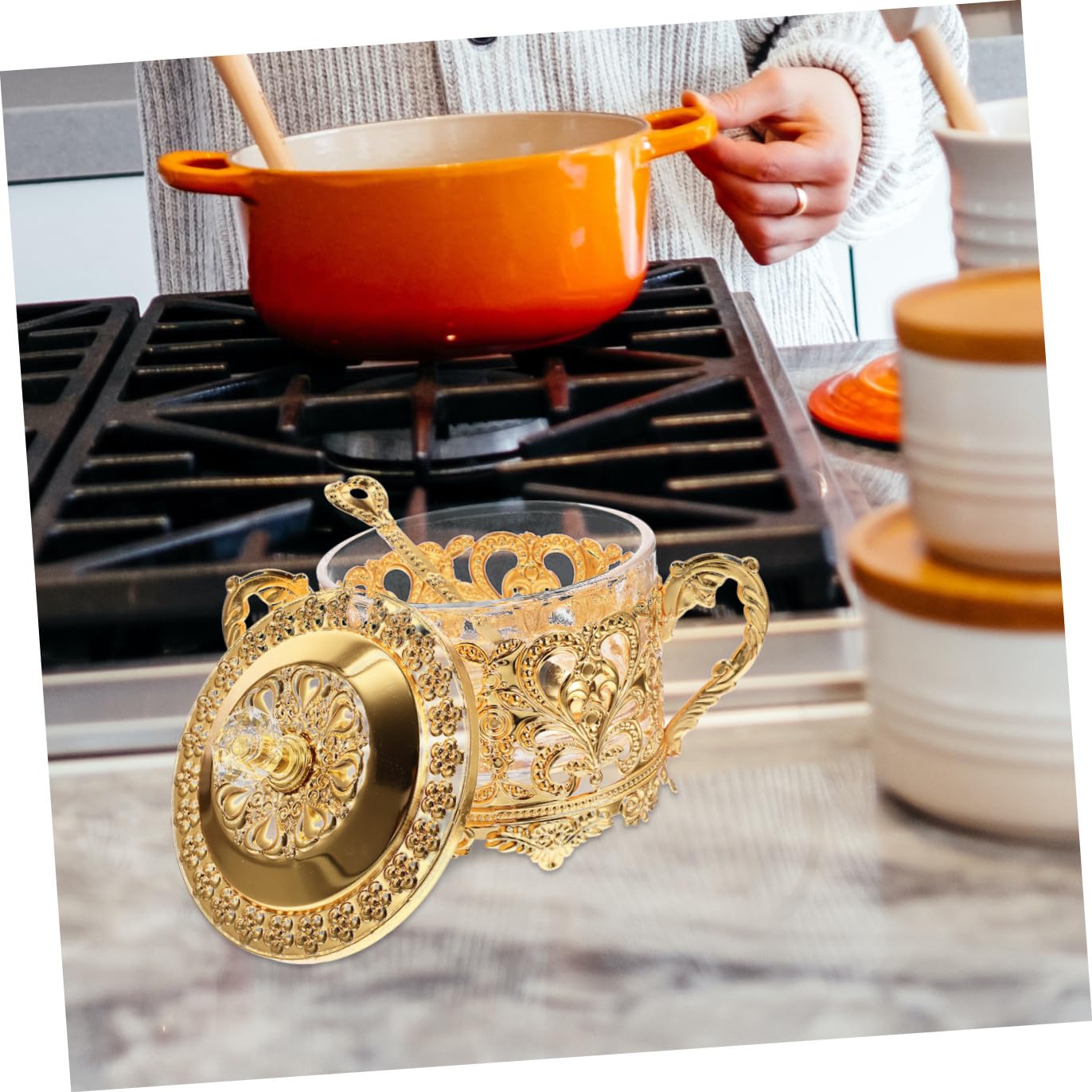 Luxshiny Zuccheriera D'oro Contenitori Per Condimenti In Zuccheriera Vintage Con Coperchio E Cucchiaio Per La Cucina Della Tavola Di Casa