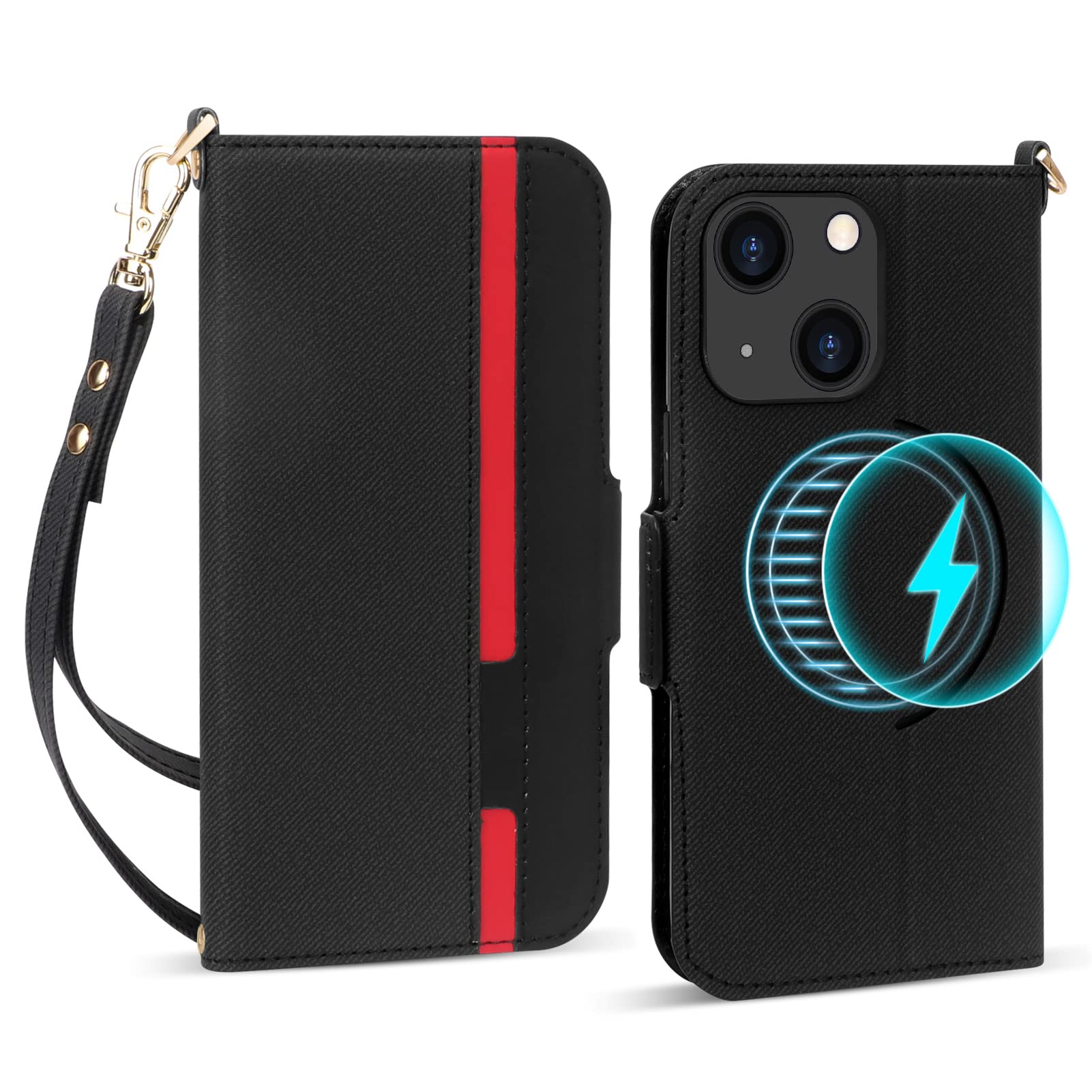 FYY iPhone 14 Plus Case, [Support Magsafe Charger] PU Leather Ultra Slim Flip Phone Case Protective Shockproof Cover with Card Holder Hand Strap for Apple iPhone 14 Plus 6.7" (2022) Black+Red