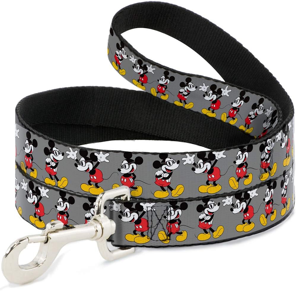 Buckle-Down Pet Leash - Mickey Mouse w/Glasses Poses Gray - 6 Feet Long - 1" Wide