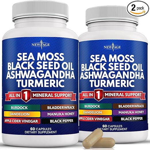 NEW AGE Sea Moss Capsules Black Seed Oil Ashwagandha Turmeric Bladderwrack Burdock - with Manuka, Honey Dandelion, ACV Black Pepper Gluten Free