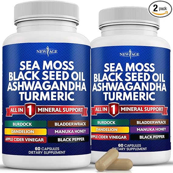 NEW AGE Sea Moss Capsules Black Seed Oil Ashwagandha Turmeric Bladderwrack Burdock - with Manuka, Honey Dandelion, ACV Black Pepper Gluten Free