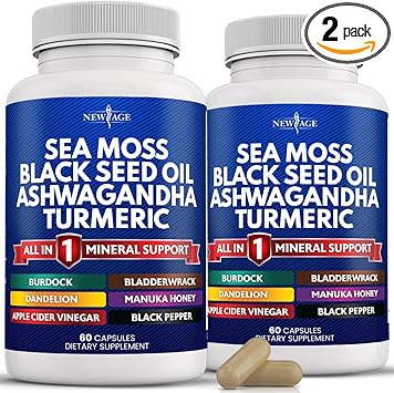 NEW AGE Sea Moss Capsules Black Seed Oil Ashwagandha Turmeric Bladderwrack Burdock - with Manuka, Honey Dandelion, ACV Black Pepper Gluten Free