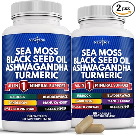 NEW AGE Sea Moss Capsules Black Seed Oil Ashwagandha Turmeric Bladderwrack Burdock - with Manuka, Honey Dandelion, ACV Black Pepper Gluten Free