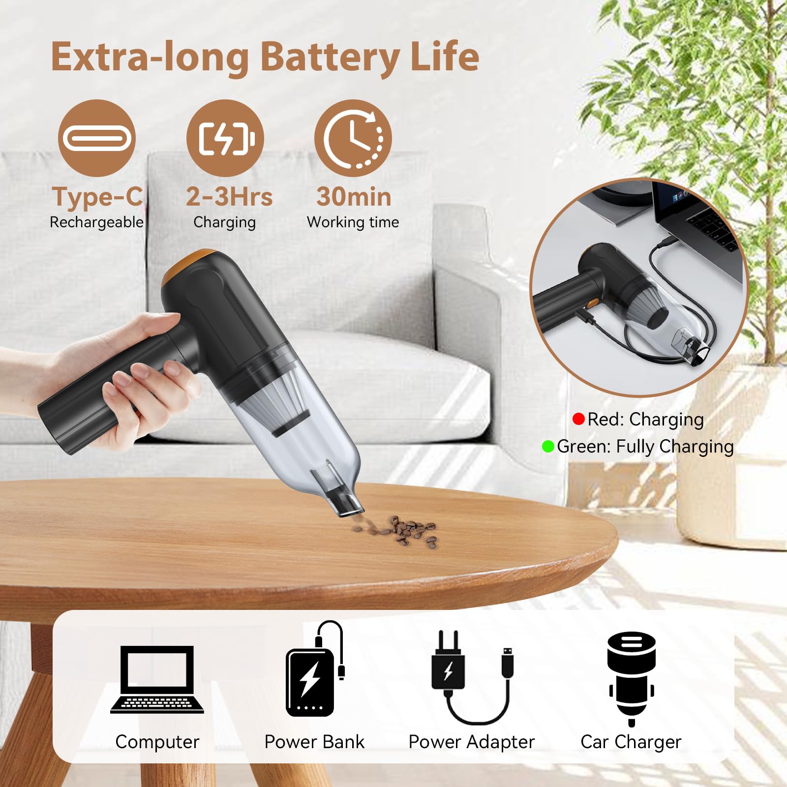 Tiazhan Aspirapolvere manuale, 15000 Pa, potente aspirapolvere a mano, 4 in 1, leggero soffiatore di polvere e aspirapolvere, display a LED, mini aspirapolvere ricaricabile USB, per auto (Nero)