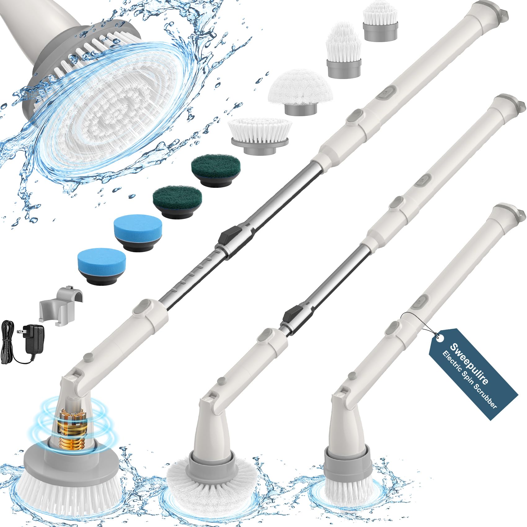 Sweepulire Electric Spin Scrubber SW1, Shower Scrubber with Long Handle, 2 Spin Speeds, Electric Scrubber for Cleaning with 8 Replacement Brush Heads, Bathroom Scrubber for Tub, Shower, Tile, Floor