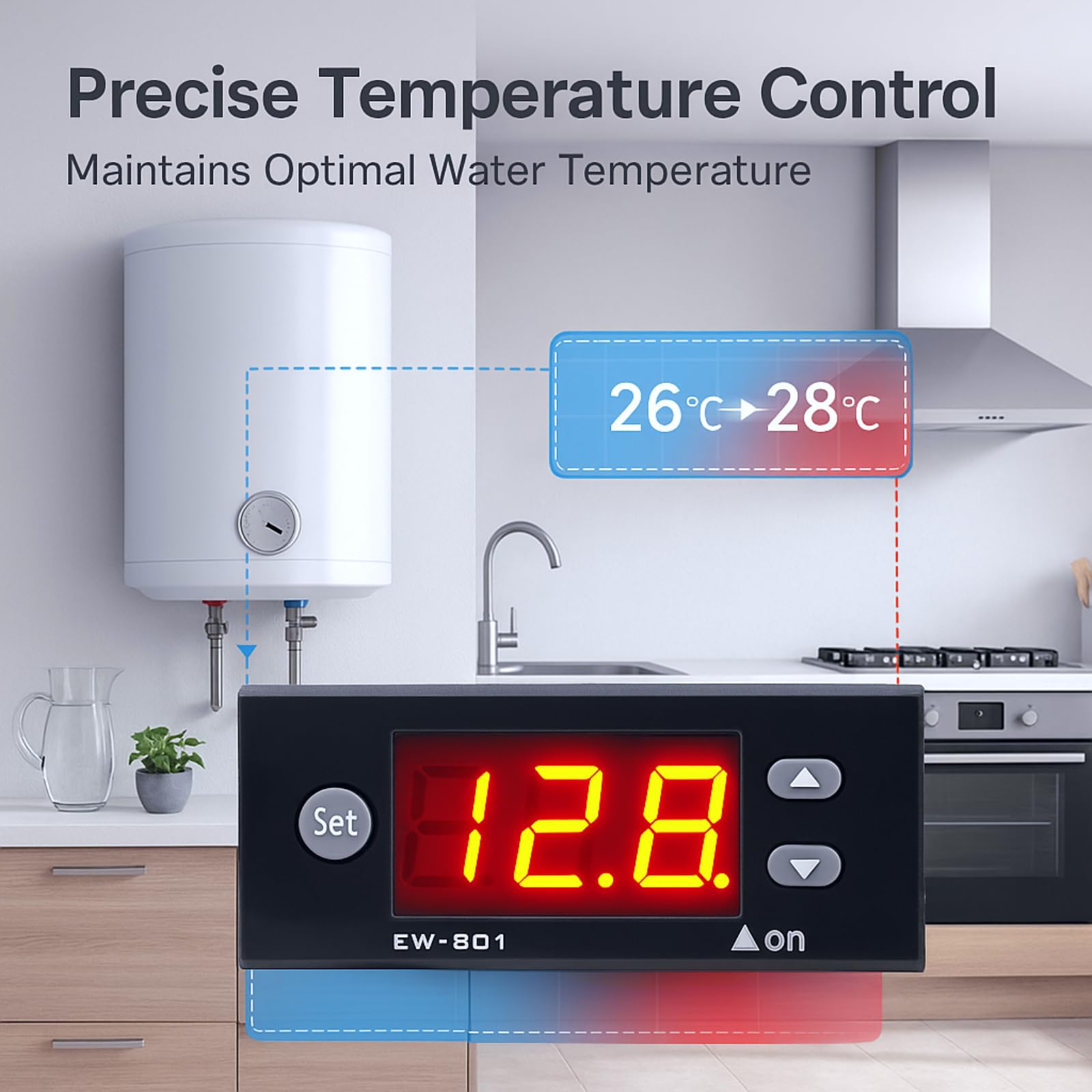Contrôleur de Température de l'eau Solaire, Contrôleur Thermostat Numérique, AC 220V 5A Régulateur de température numérique avec sonde et affichage numérique pour chauffe-eau solaire EW-801AH