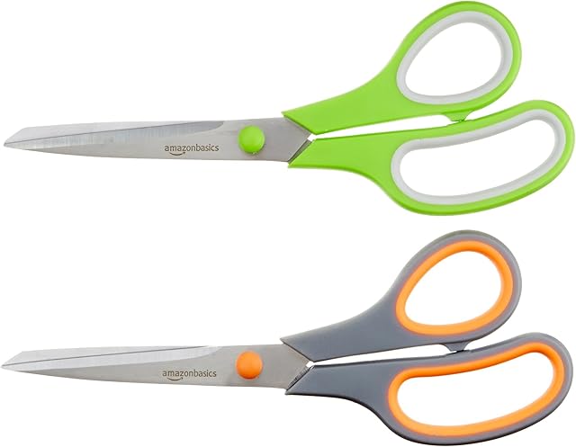 Amazon Basics Multipurpose, Comfort Grip, PVD Coated, Stainless Steel Office Scissors, 2-Pack, Green and Gray