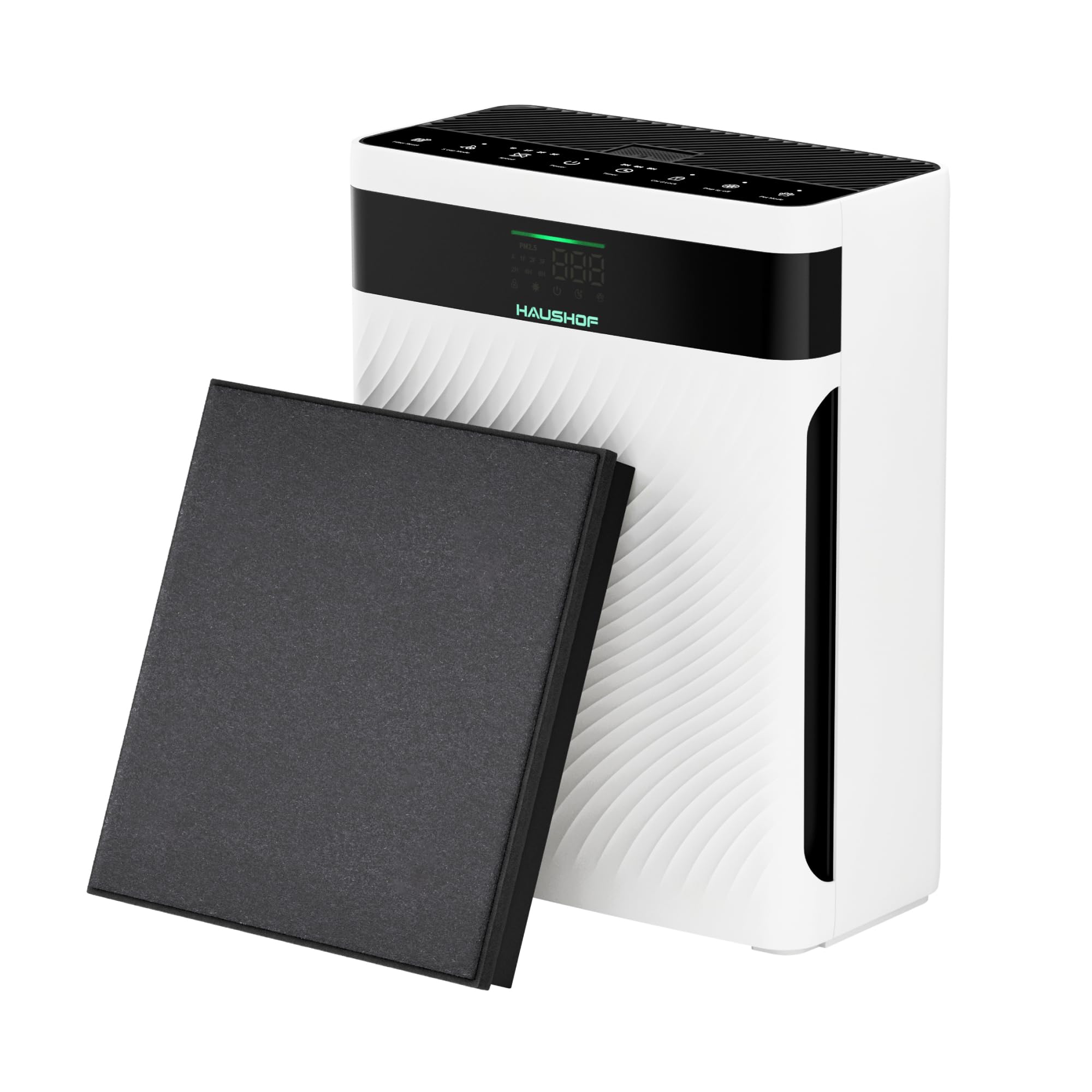 HAUSHOF Purificatore d'Aria con Filtro HEPA, Rimuove 99,97% di Polvere, Polline e Peli, CADR 250 m³/h, Display PM2.5, 30 dB, Aromaterapia Bundle 1 Filtro di Ricambio.