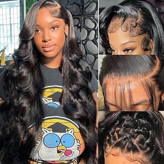 FONGLYBEAUTY 26" 13x6 Body Wave Lace Front Wig Human Hair 200% Density HD Transparent Lace Pre-Plucked Glueless for Black Women