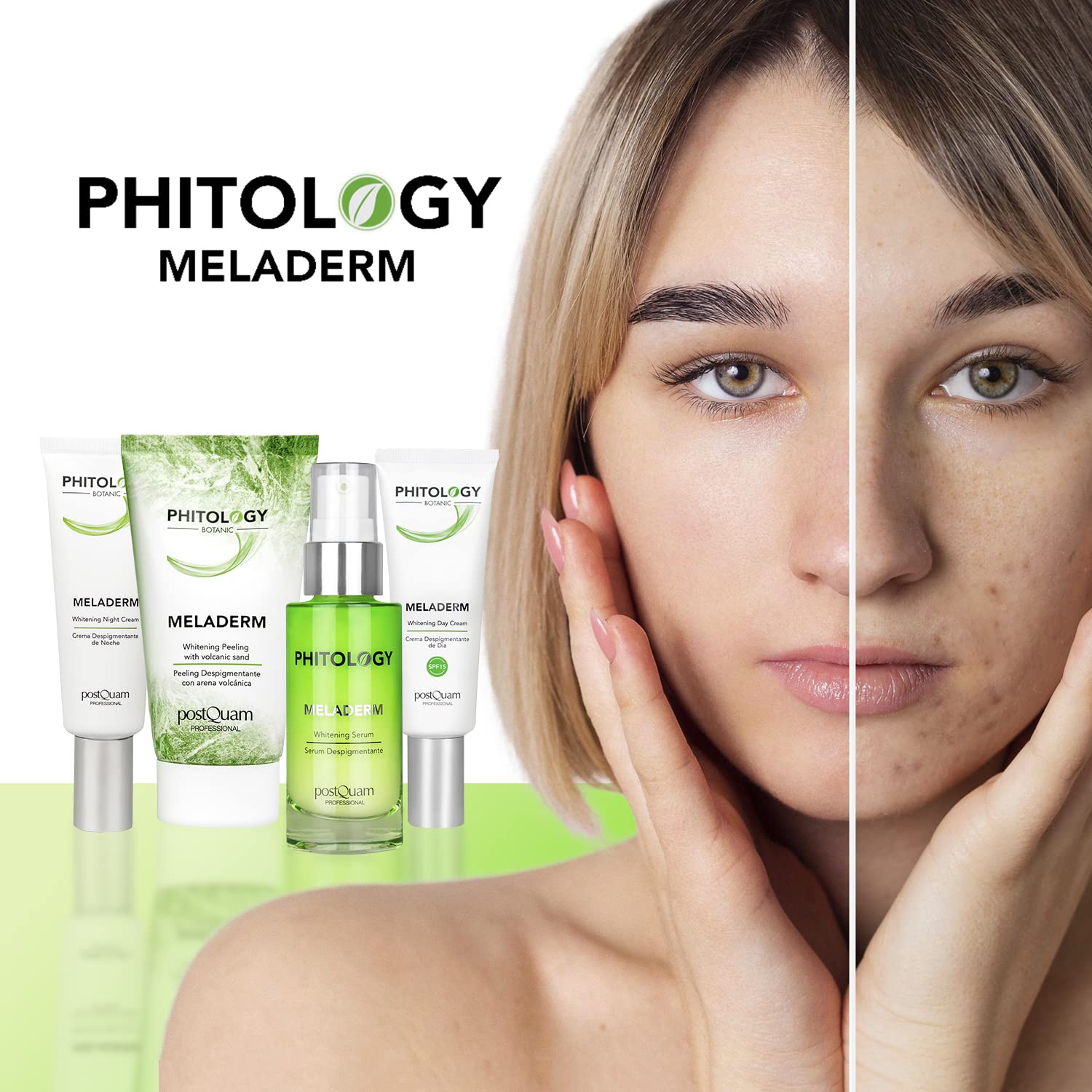 Postquam - Phitology | Anti Flecken Gesichtspflege Set - Tages Feuchtigkeitsgesichtscreme + Depigmentierende Nachtcreme + Anti Falten Serum + Peeling