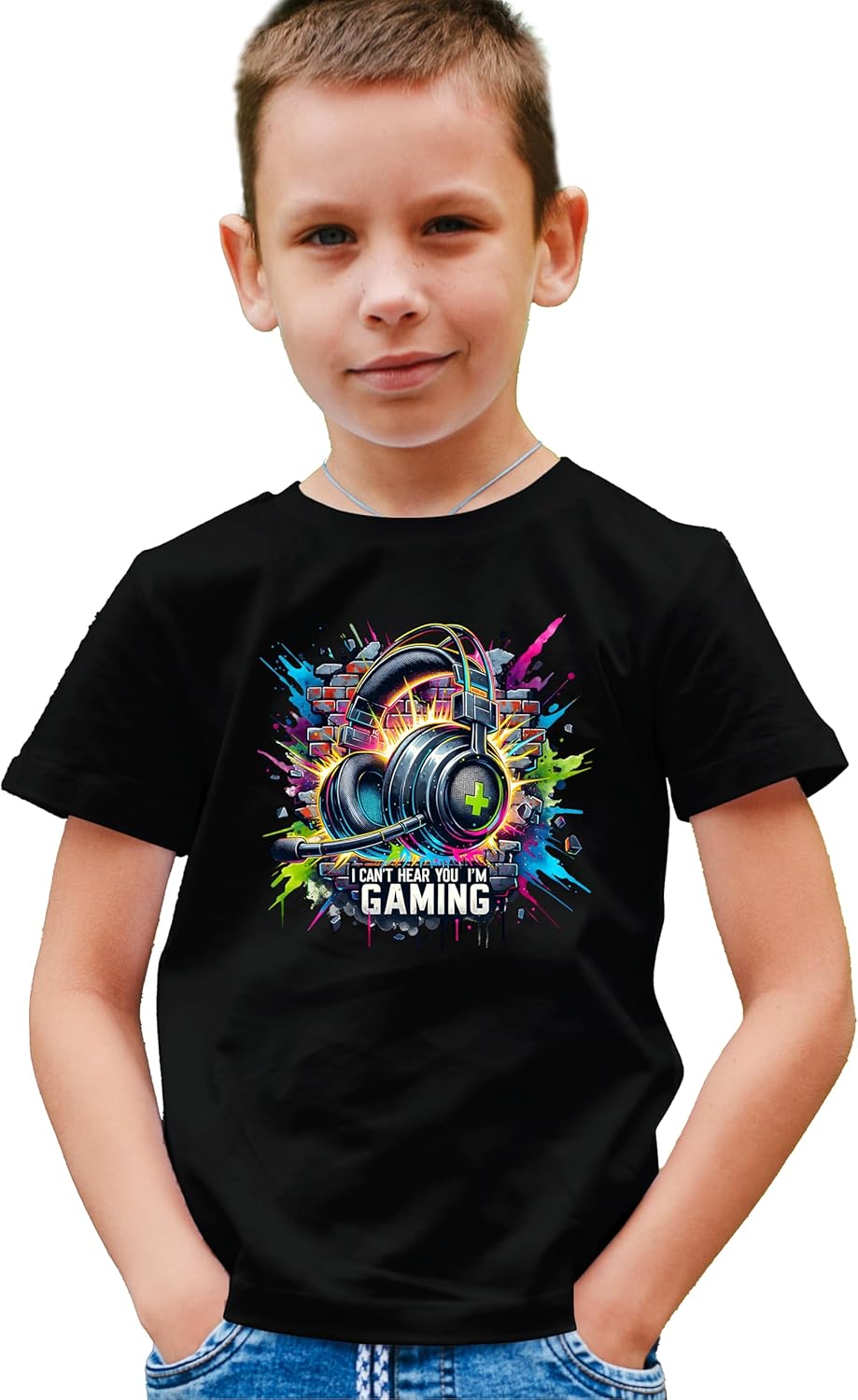 Olive Loves Apple I Can't Hear You I'm Gaming Unisex Shirt Gamer Headset Neon Splatter Adults & Kids Tshirt