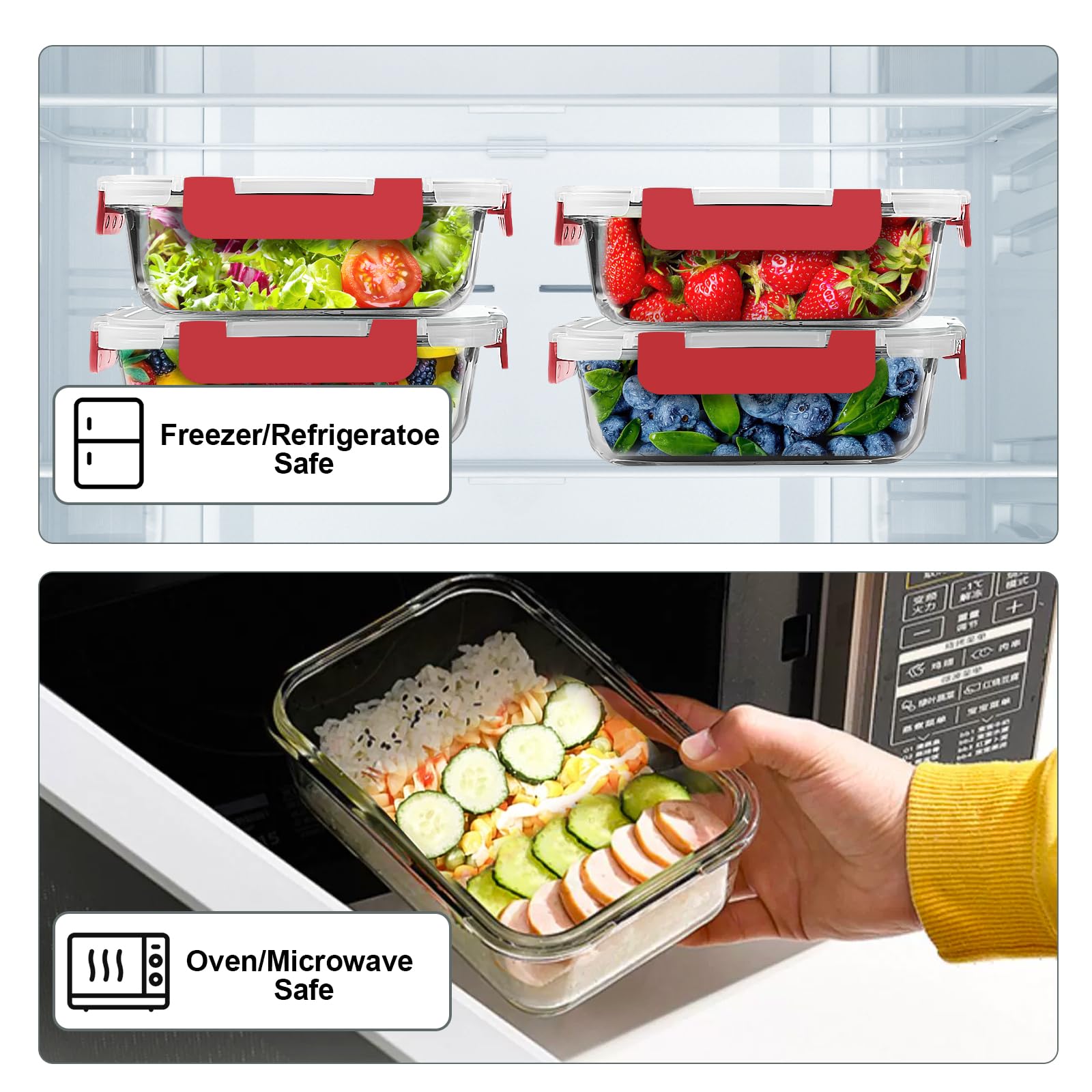 VERONES 10 Stück 625 ml Glas-Mahlzeiten-Vorbereitungsbehälter, luftdichtes Glas-Lunchbehälter-Set, Glas-Frischhaltedosen mit Deckel, exklusiv von BPA, für Mikrowelle, Backofen, Gefrierschrank und