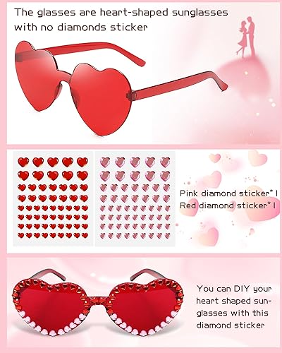 Miniatura 5 de Bnikion Diadema de corazón rojo, diadema para el día de San Valentín y lentes de sol de corazón con gemas de corazón rojo y rosa para mujeres y