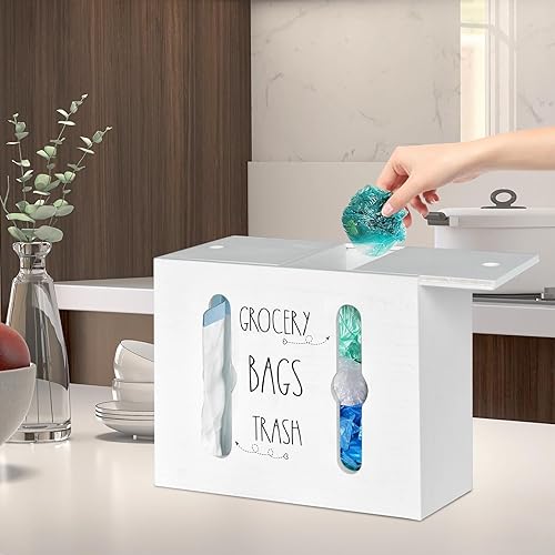 Miniatura 4 de SOWA Soporte para bolsas de plástico de madera y dispensador de bolsas de basura, dispensador de bolsas de plástico 2 en 1 para bolsas de