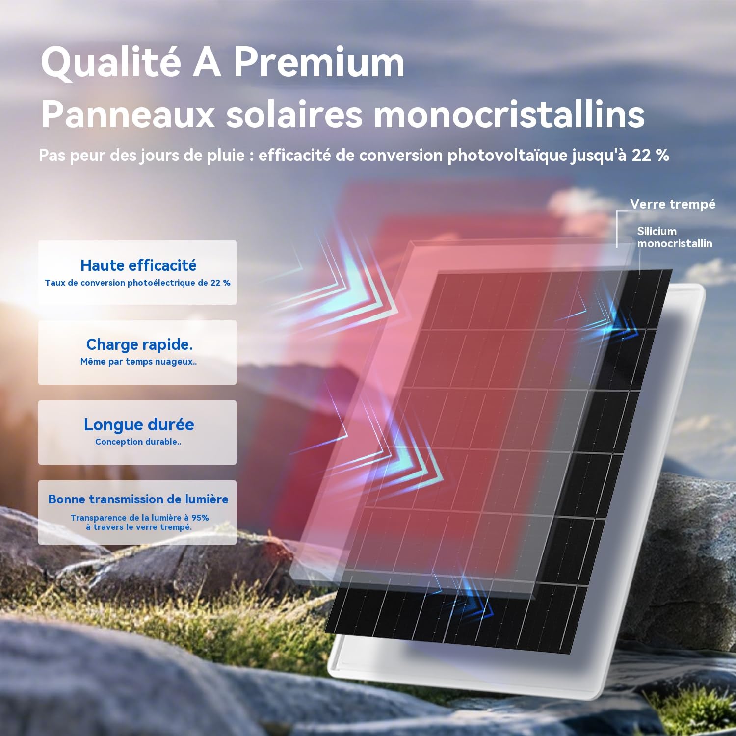 Panneau solaire pour caméra de suivi, caméras de sécurité, batterie rechargeable intégrée de 20 000 mAh, DC 3,5 x 1.35 mm avec interfaces multiples, convient à plusieurs usages, sortie DC 5 V