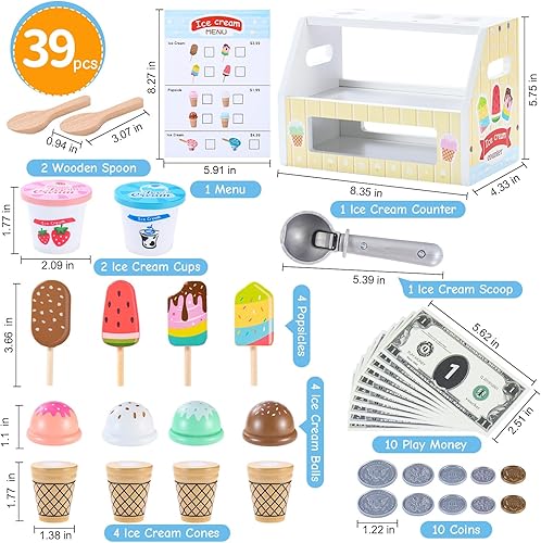 Miniatura 2 de Juguetes de helado de madera para niños, juguetes de cocina de juego de cocina, juego de mesa de tamaño pequeño para niños pequeños con cucharada,