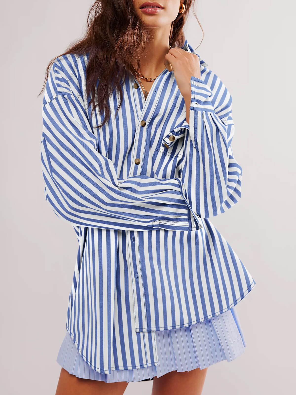 Cicy Bell Blusas de trabajo de manga larga con cuello y botones a rayas para mujer