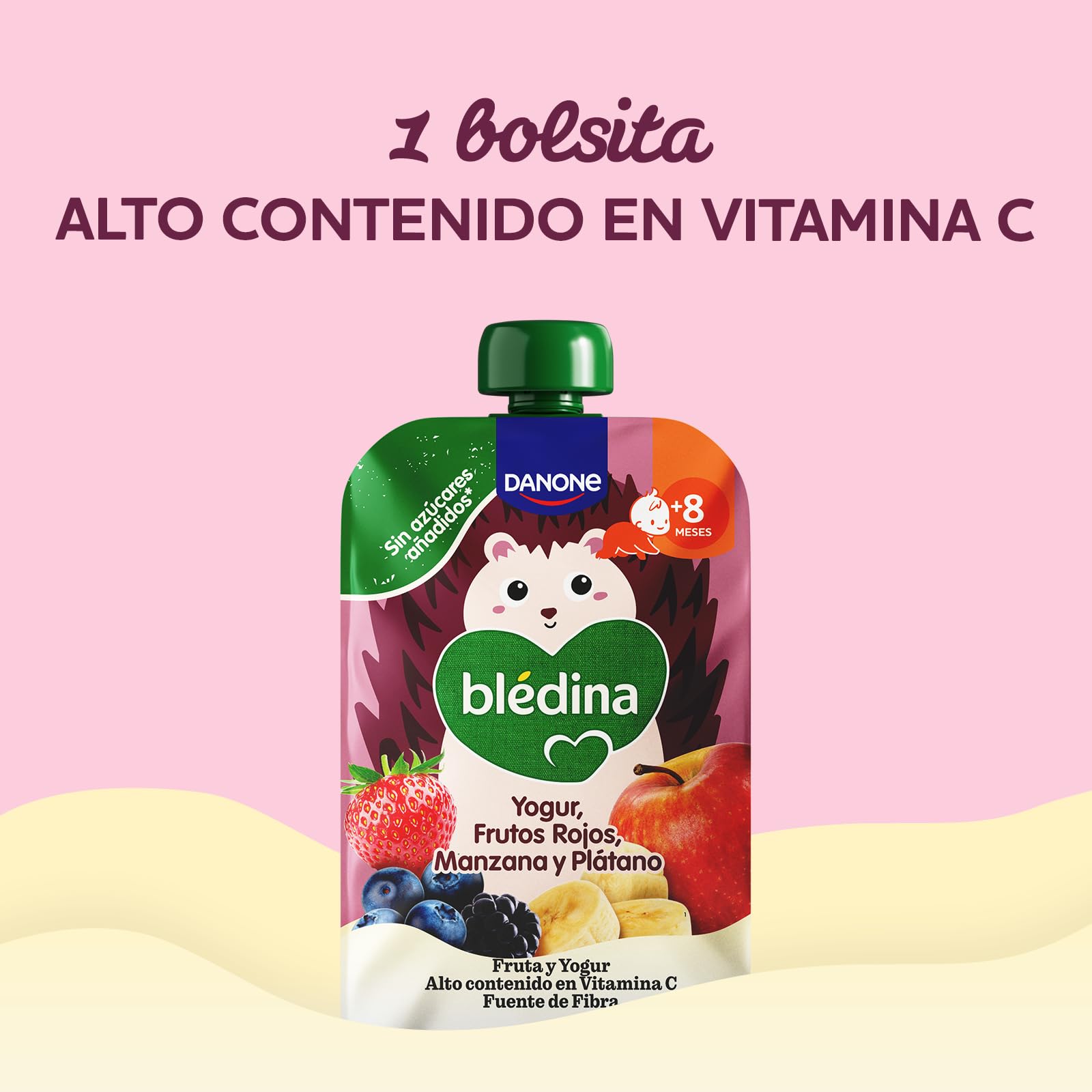 Blédina Bolsitas de Yogur, Frutos Rojos, Manzana y Platano para Bebé. Pouch de Fruta y Yogur, Sin Azúcares Añadidos y Alto Contenido en Vitamina C, Fuente de Fibra. Desde los 8 Meses, Pack 6x100g