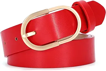 SANSTHS Women Faux Leather Chic Belts for Jeans Pants Fashion Ladies Belt Solid Color with Gold Curved Pin Buckle