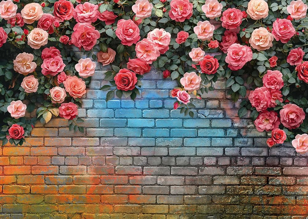 8x6FT Pink Rose Flower Backdrop Colorful Brick Wall Flowers Backdrops Wedding Birthday Party Baby Showers Decorations Background D771