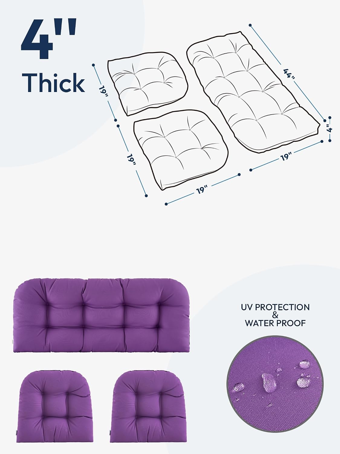 wicker chair cushions of 3 pieces waterproof tufted outdoor seat cushions for patio furniture sofa settee couch,1 loveseat and 2 u-shaped cushions,purple