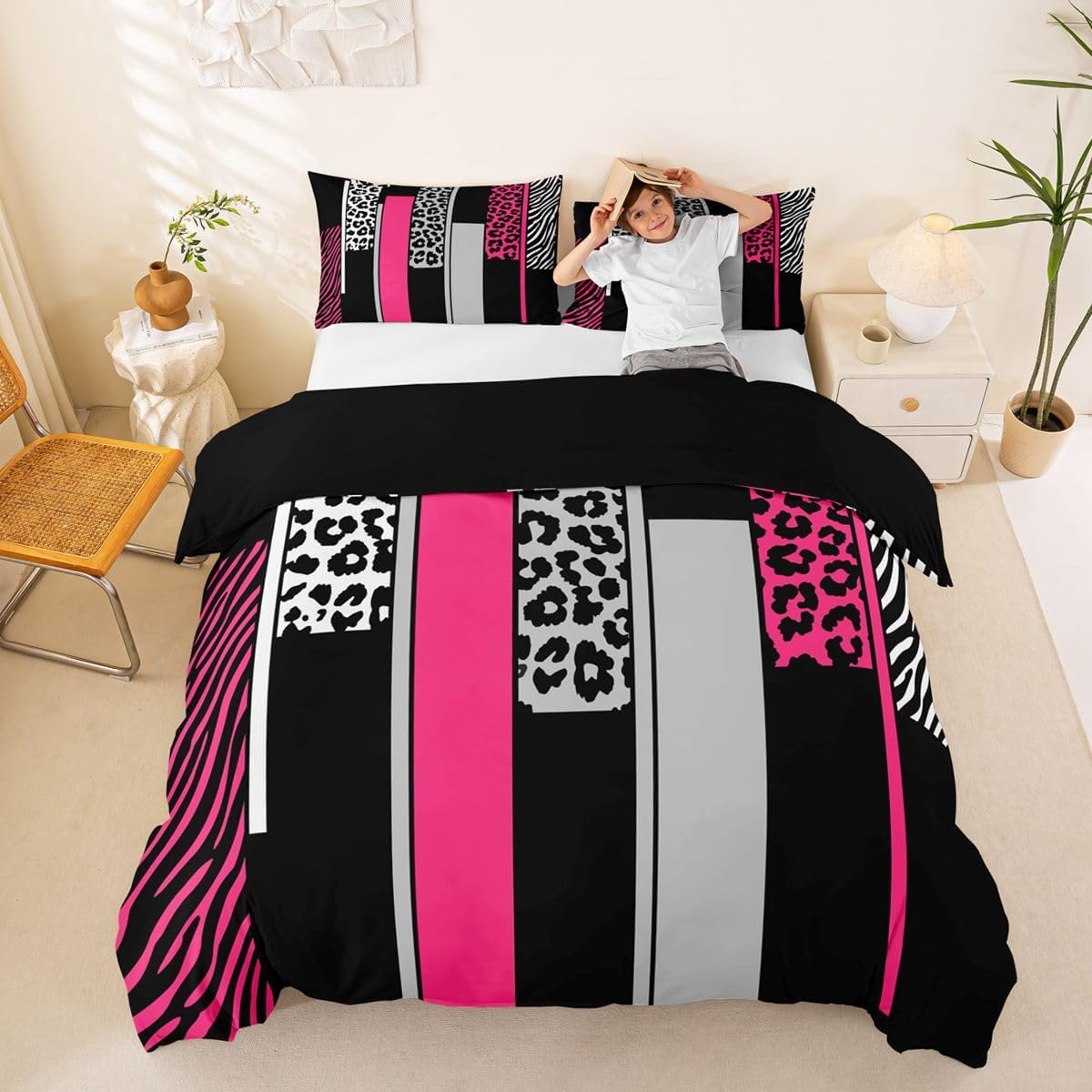 Feelyou Ombre Pink Grey Bedding Duvet Cover Set Queen Size Leopard Bedding Set for Kids Boys Girls Decor Animal Print Comforter Cover Set Safari Zebra Print Bedspread Cover Bedroom Bedclothes
