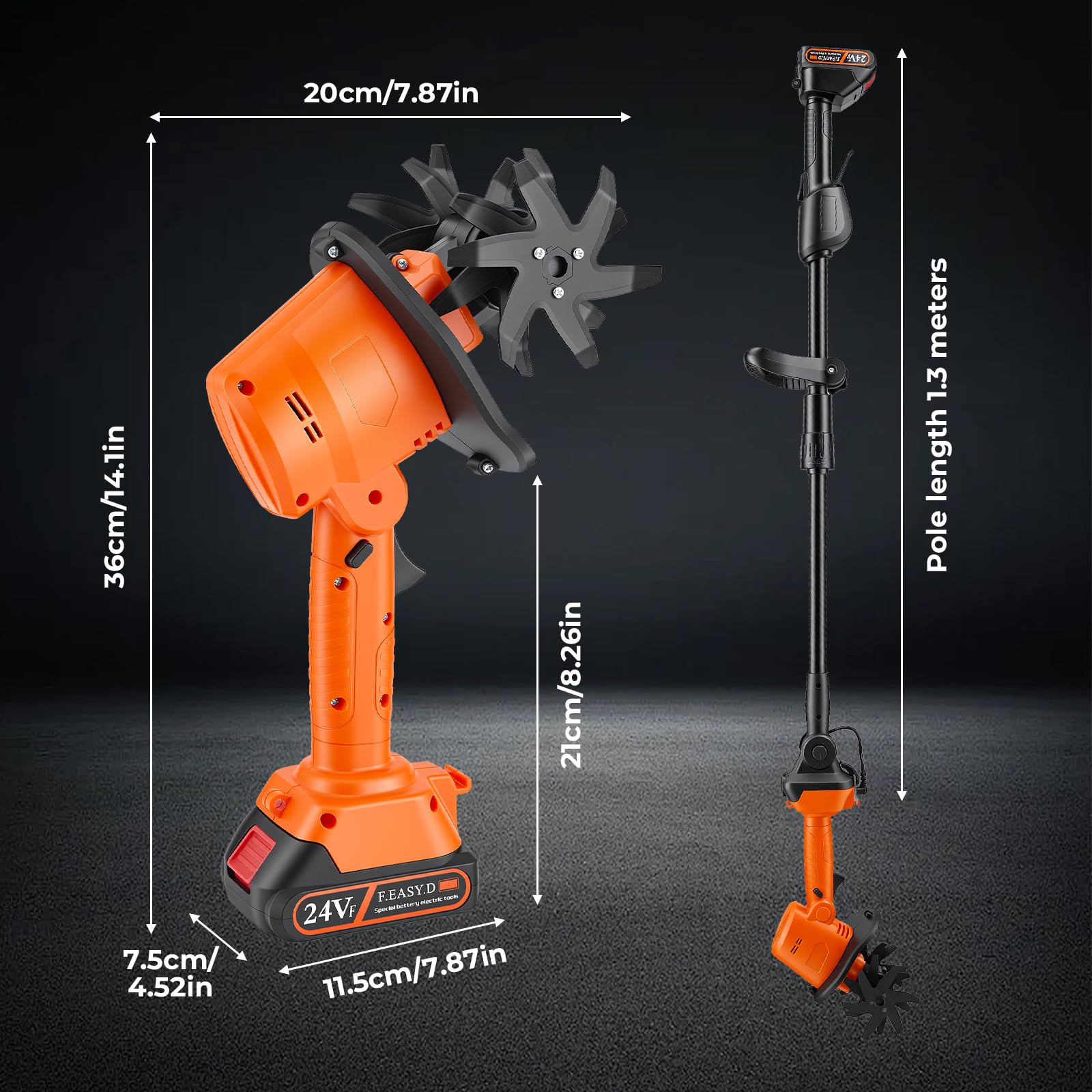 2 in 1 Akku-Bodenhacke, 21V Gartenfräse Elektrisch mit 2 * 1500mAh Akkus, Mikro Gartenfräse mit 1.3m Zusatzhandgriff (4 Metallmesser 10cm Arbeitsbreite 10cm Arbeitstiefe 235 U/min Drehzahl)
