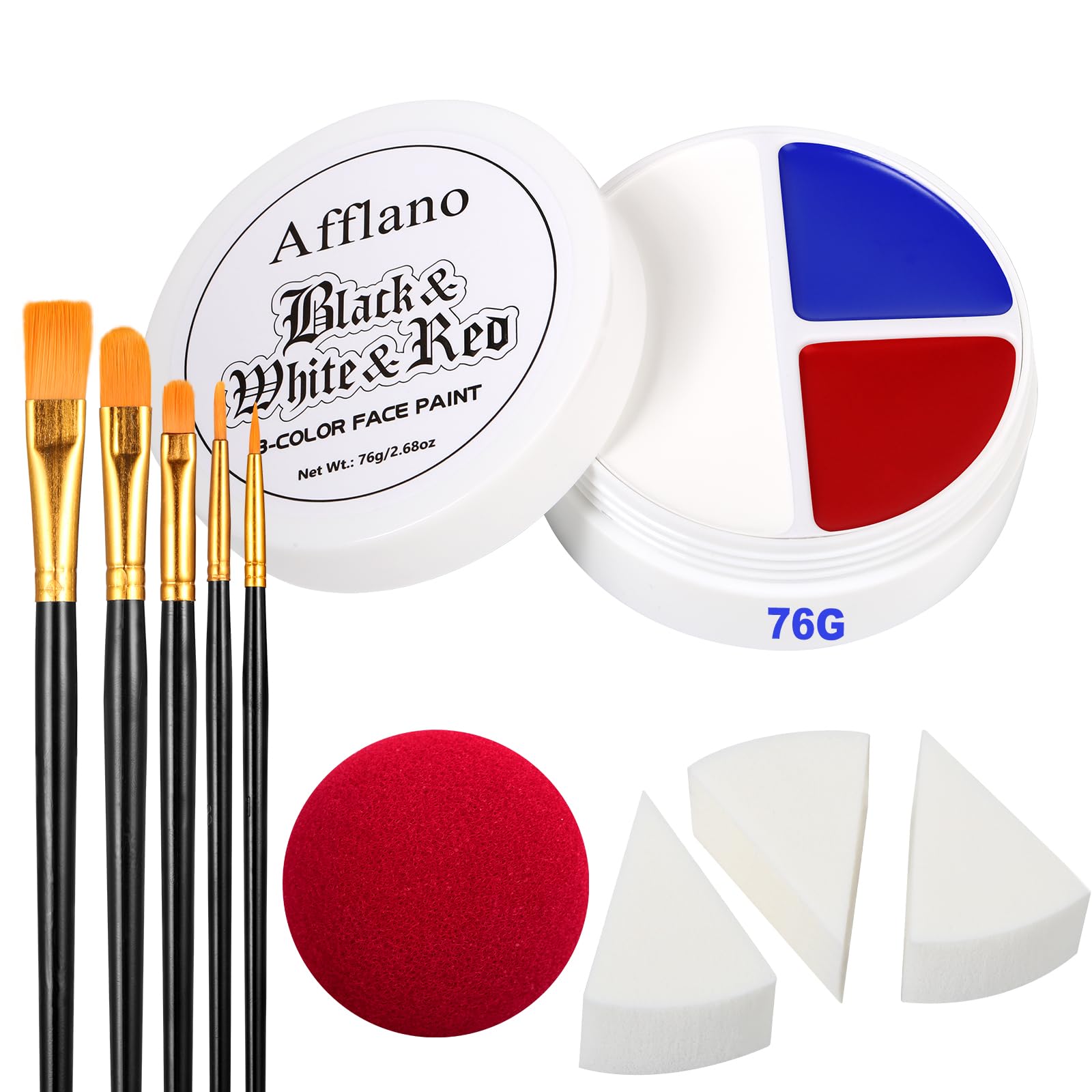 Afflano Clown make-up kit blauw rood wit gezichtsverf, Halloween make-up joker gezicht lichaamsverf borstels sponsjes clownneus 10 stuks, op olie gebaseerde lichaamsverf voor zombie feest FX vampier