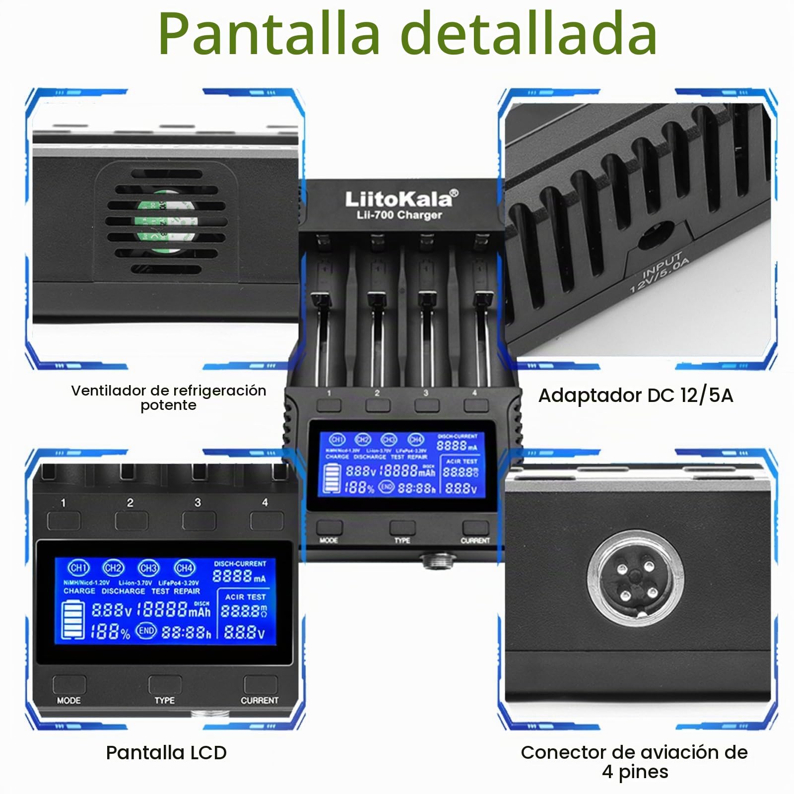 Cargador Inteligente Liitokala Lii-700 para batería de Ion de Litio, Prueba de Resistencia Interna, detección de Capacidad y Modo de reparación con Adaptador de 12 V 5 A 32700/26700/26650 AA y AAA