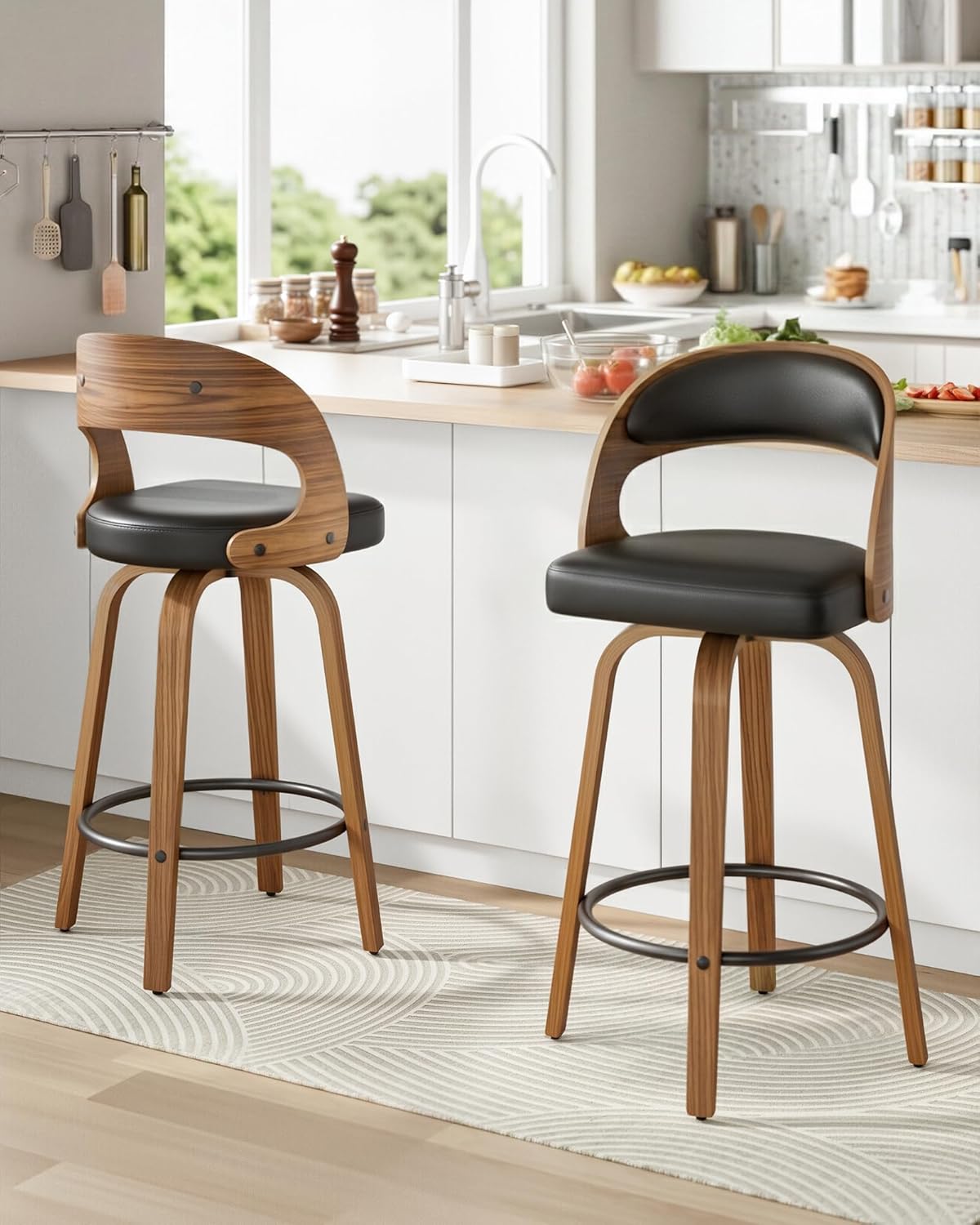 SUNCOZE Bar Stools Set of 2, 26 Inch Counter Height Barstools with Backs, Modern Swivel Bar Stools with PU Leather Seat for Kichen Island and Bar, Black