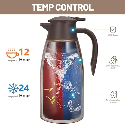 Miniatura 2 de 2 jarras térmicas de café de 68 onzas para mantener el calor, jarra para líquidos calientes, jarra de café aislada al vacío de acero inoxidable para