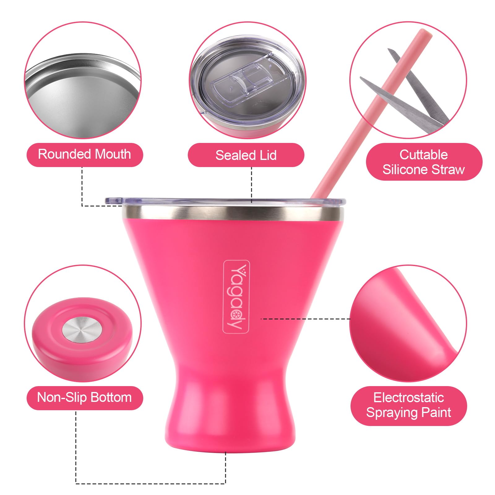 Stainless Steel Martini Tumbler with Lid & Cuttable Silicone Straw - 10oz Vacuum Sealed Insulated Martini Glass - Elegant Design Margarita Glass for Perfectly Chilled Drinks (Red)