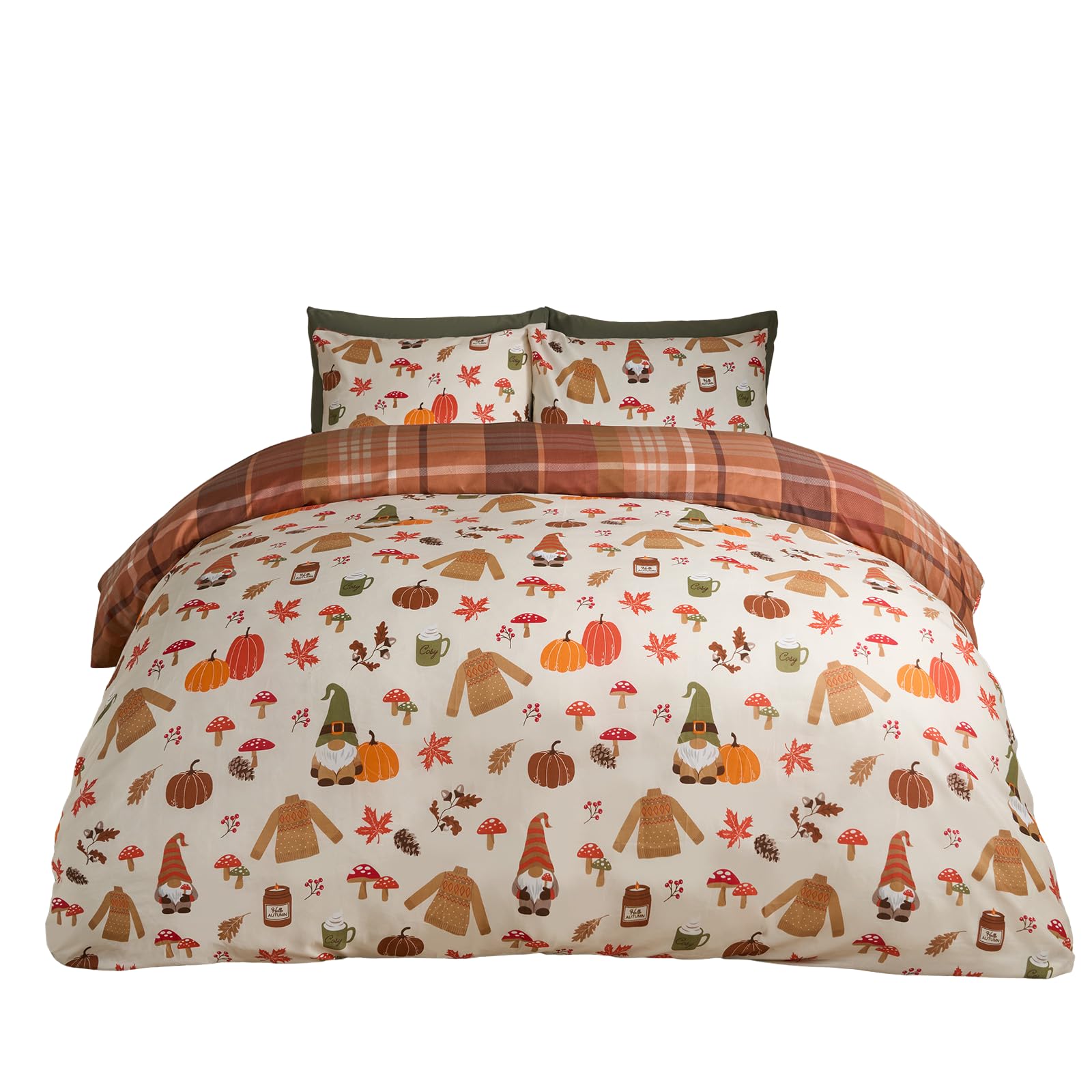 OHS Autumn King Size Duvet Cover Sets, Autumnal Novelty Halloween Bedding Luxurious Tartan Check Quilt Cover Luxury Comfy Bedding Sets King Size with Pillowcases, Cream/Rust