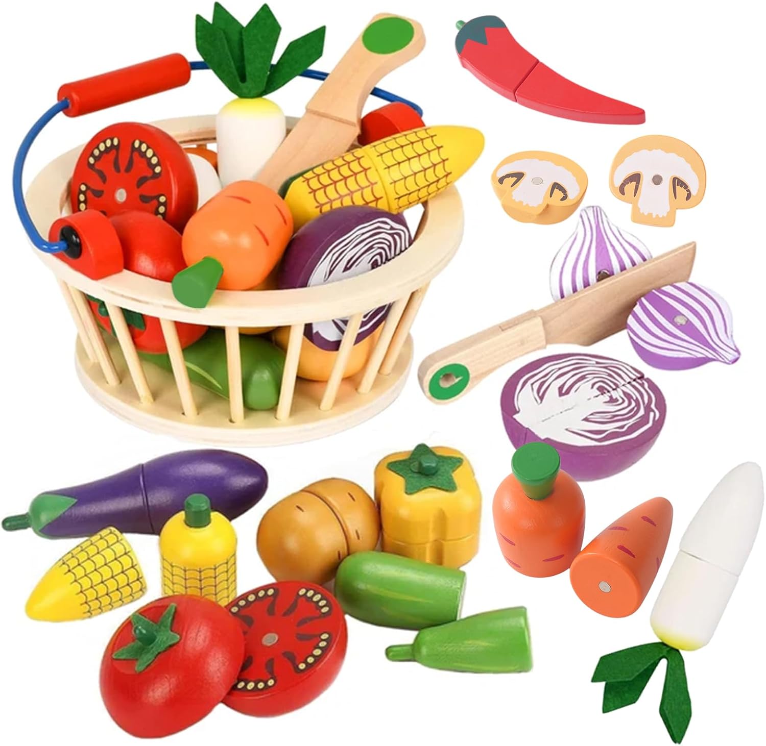 Wooden Vegetable Toys for Children,Pretend Play Food Set for Kid, Magnetic Cutting Kitchen Toy with Picnic Basket,Baby Dinette Accessories for Toddlers Store Grocery,Gift for Girl Boy