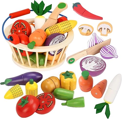 Juguetes vegetales de madera para niños, juego de comida de juego de simulación para niños, juguete de cocina de corte magnético con canasta de