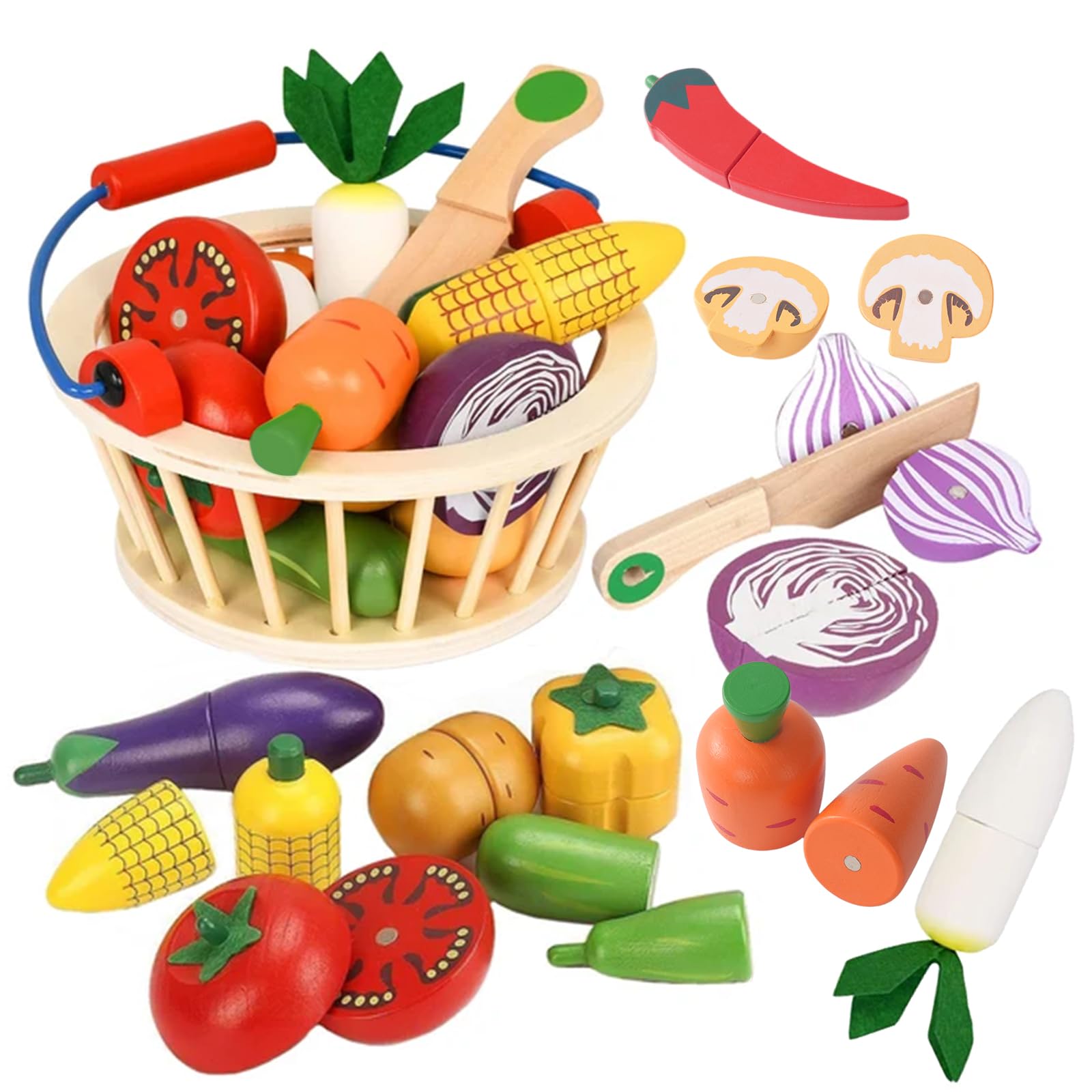 Smartwo Wooden Cuttable Vegetable Toys, Pretend Play Food Set for Kids Kitchen, Magnetic Veggies Cutting Game, with Picnic Basket, Toddlers Store Grocery Accessories, Gift for 3+ Years Old Boy Girl