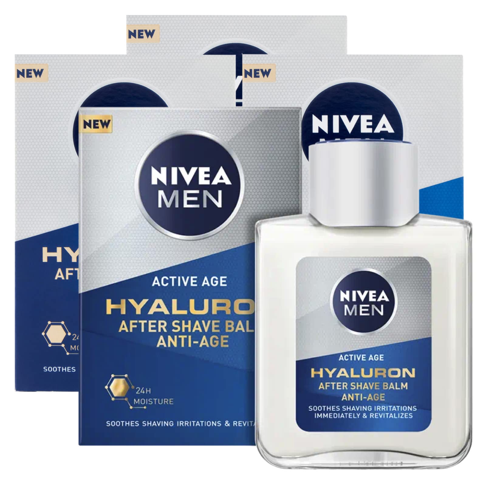 Nivea Men Active Age Hyaluron Balsamo Dopobarba After Shave Uomo Anti-Age Formula con Acido Ialuronico ad Azione Idratante Rivitalizzante Rinfrescante Lenitiva per Pelli Mature - 4 Flaconi da 100ml
