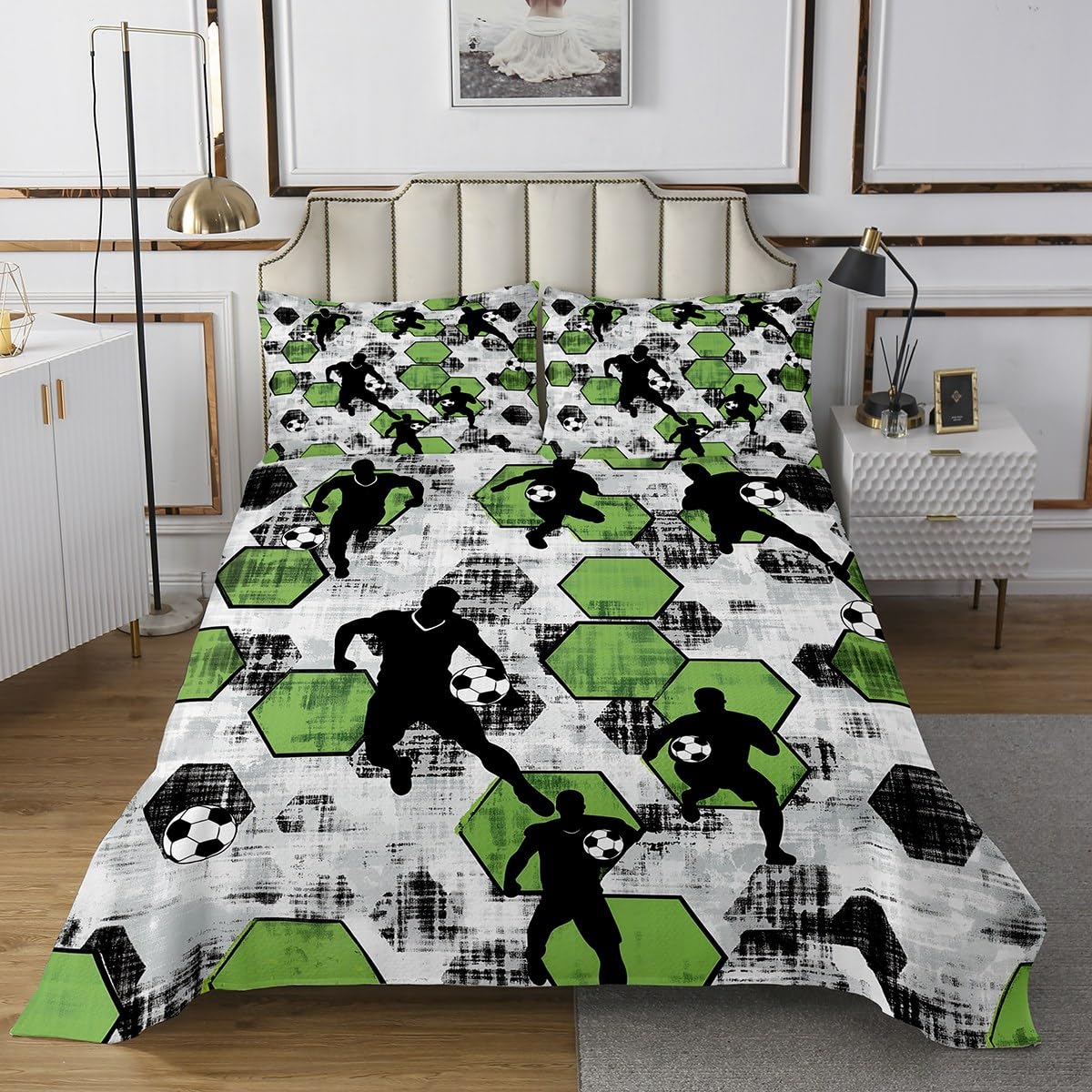jejeloiu Boys Girls Football Quilted Coverlet Queen Size, Rugby Sports Coverlet Set for Soccer Ball Game Bedspread Kids Teens Bedroom Decor 3Pcs
