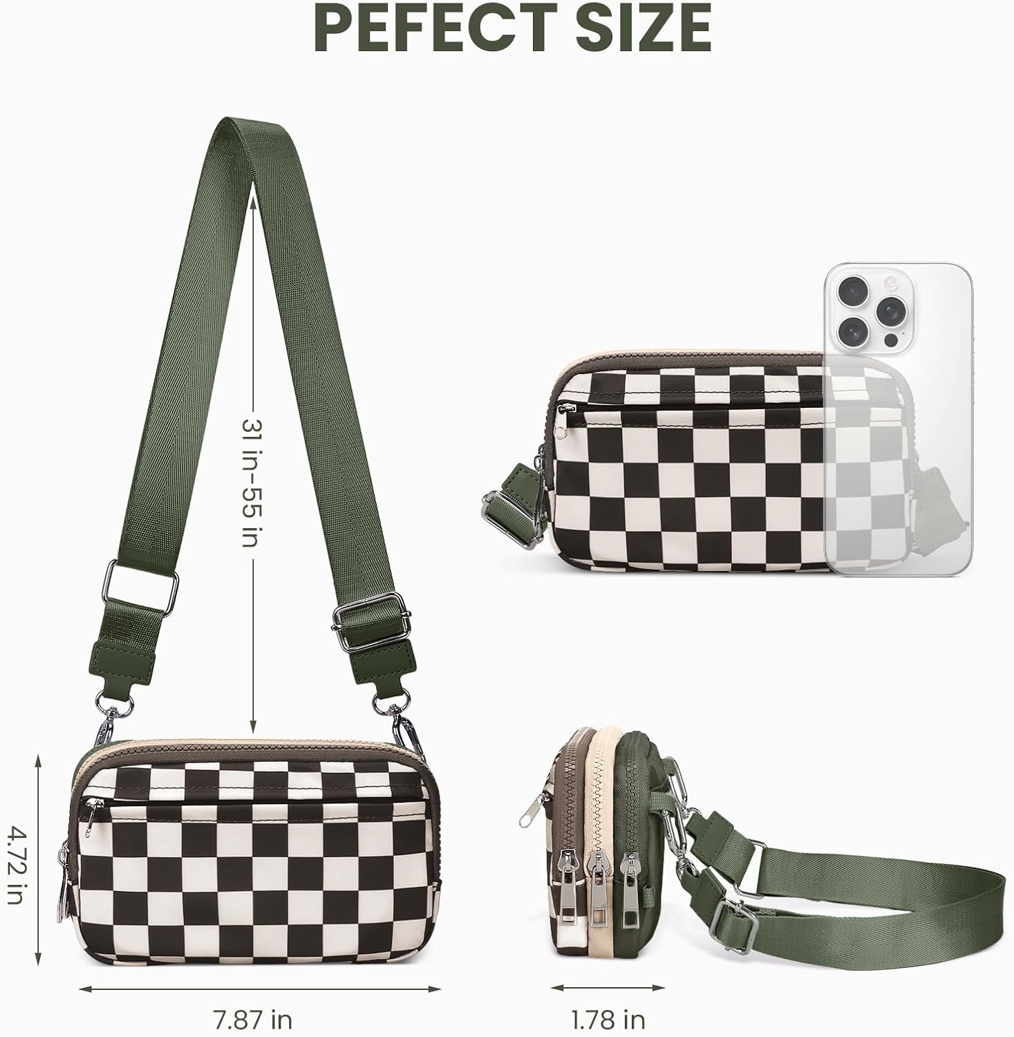 Checkered Wristlet Wallet for Women Tri-tone Cute Nylon Wristlet Purse with 5 zippers and ID Window Credit Card Holder - Image 7