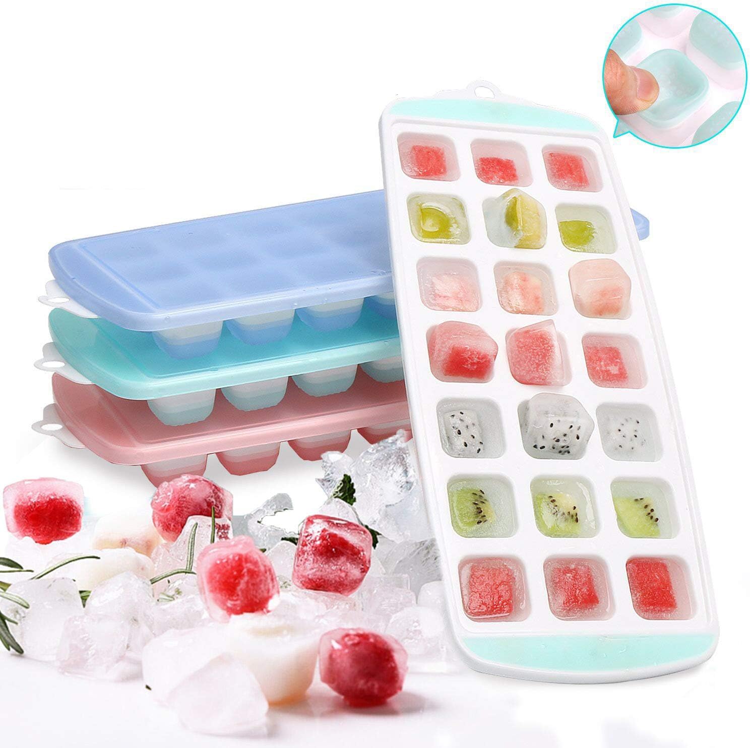 3 Pack Ice Cube Trays, 63 Ice Cube Maker, Baby Food Grade Silicone Ice Cube Holder Molds with Easy-Release Lids, Flexible Ice Tray Stackable for Whiskey, Chilled Drinks, Ice Cream and Cocktails