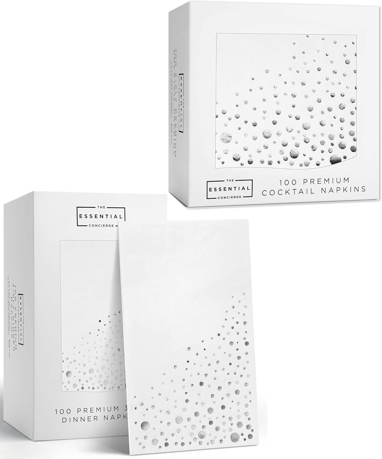 Stylish Silver Dinner Napkins & Silver Cocktail Napkins Bundle - 200 White and Silver Napkins Disposable 3-Ply Silver Paper Napkins, Wedding Napkins for Reception, Party Napkins Disposable