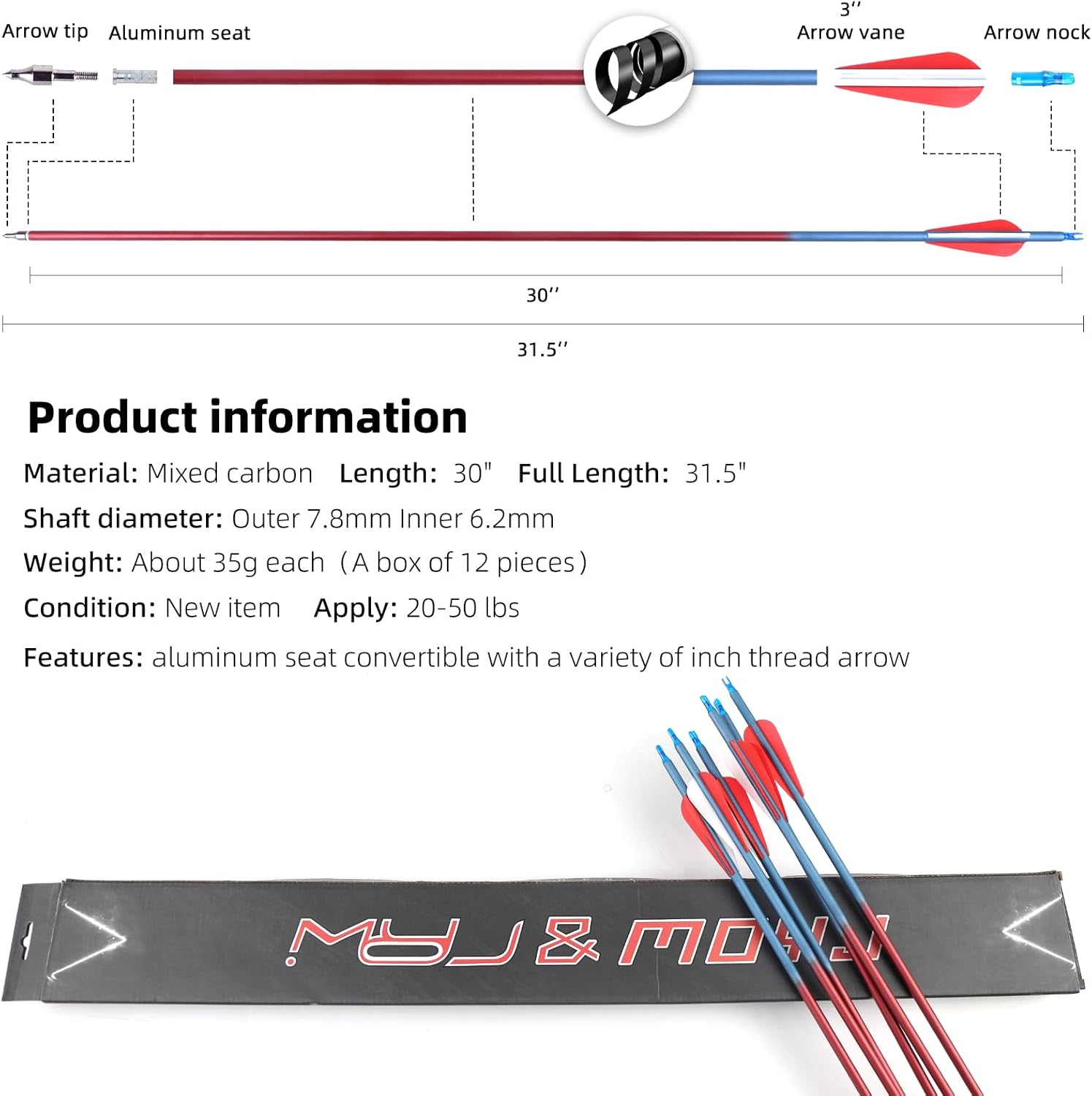 Hunting Arrows Mixed Carbon Arrow Archery Practice Shooting Plastic Vanes Fletching Removable Replaceable Broadhead Tips 12pcs I.D.6.2MM O.D.7.8mm Bright Colors Arrows for Recurve Compound Bow
