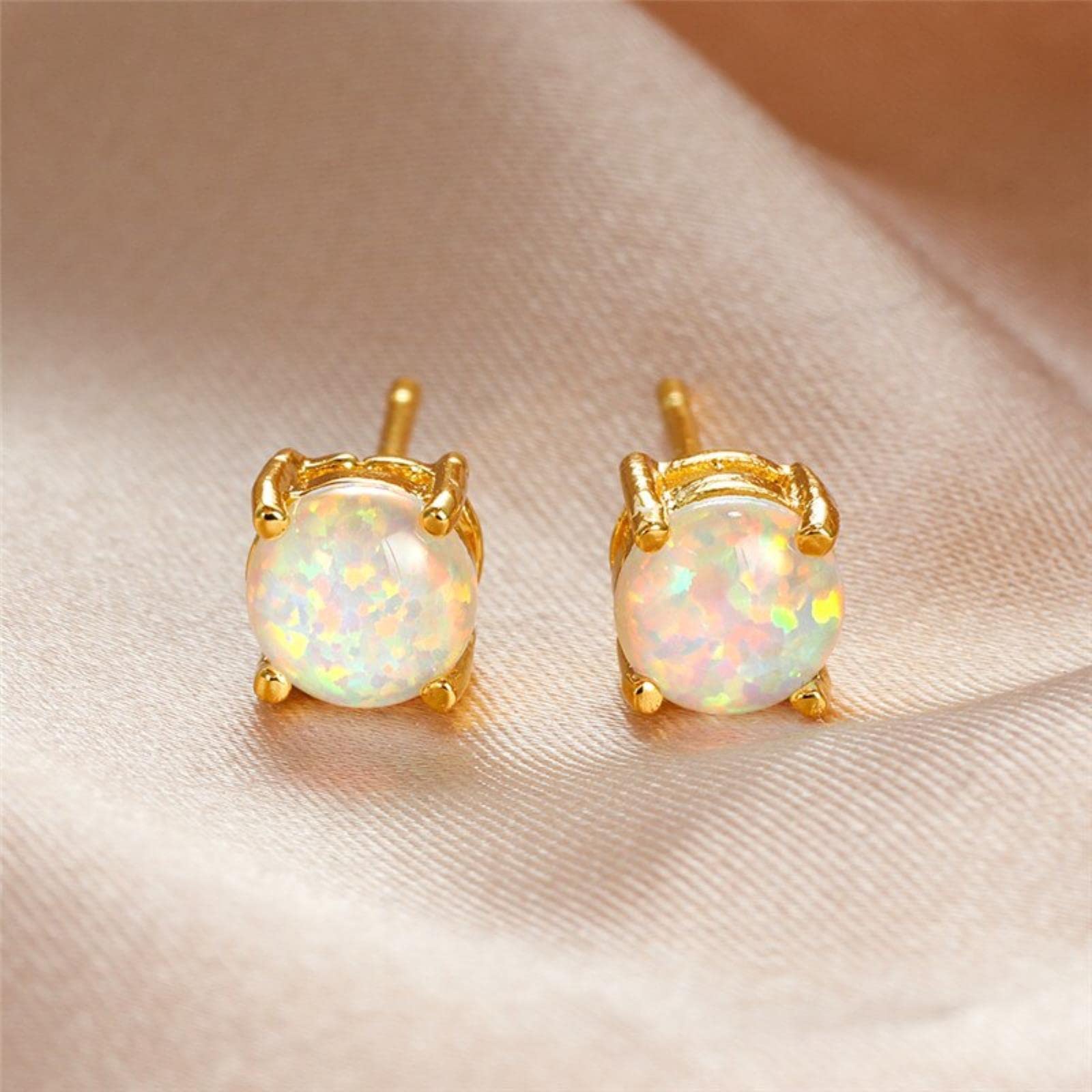 WZGWDC Mädchen, Niedliche Weibliche 6mm Runde Opal Schmuck Luxus Farbe Hochzeit Ohrring Vintage Blau Weiß Grün Kleine Ohrstecker Für Frauen