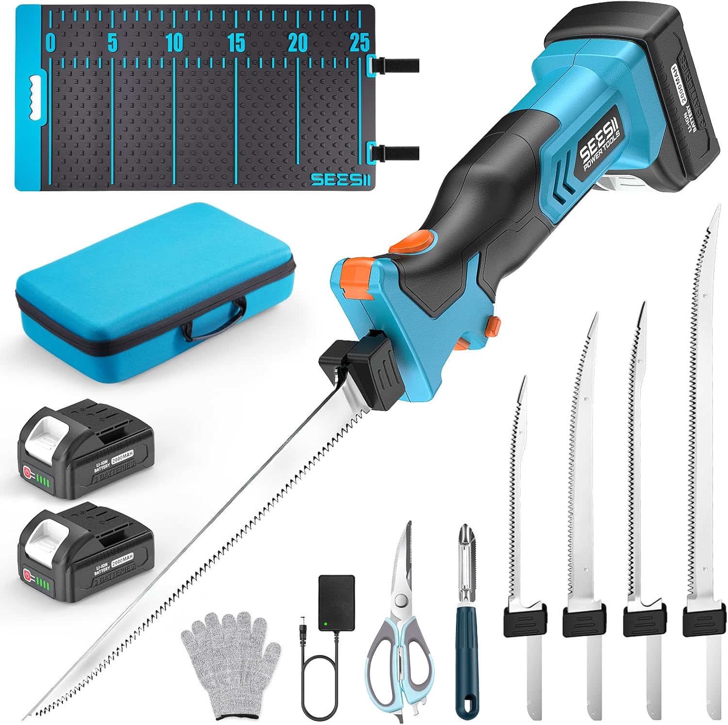 Seesii Cordless Electric Fillet Knife and Fish Fillet Mat Set, High Speed Rechargeble Filet Knife, Non-Slip Grip, Anti-slip Texture With 25" Integrated Ruler for Filleting and Meat Slicing